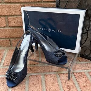 Karen Scott Navy Jeweled Peep-Toe Slingback Heels, Size 8, Never Worn!!!